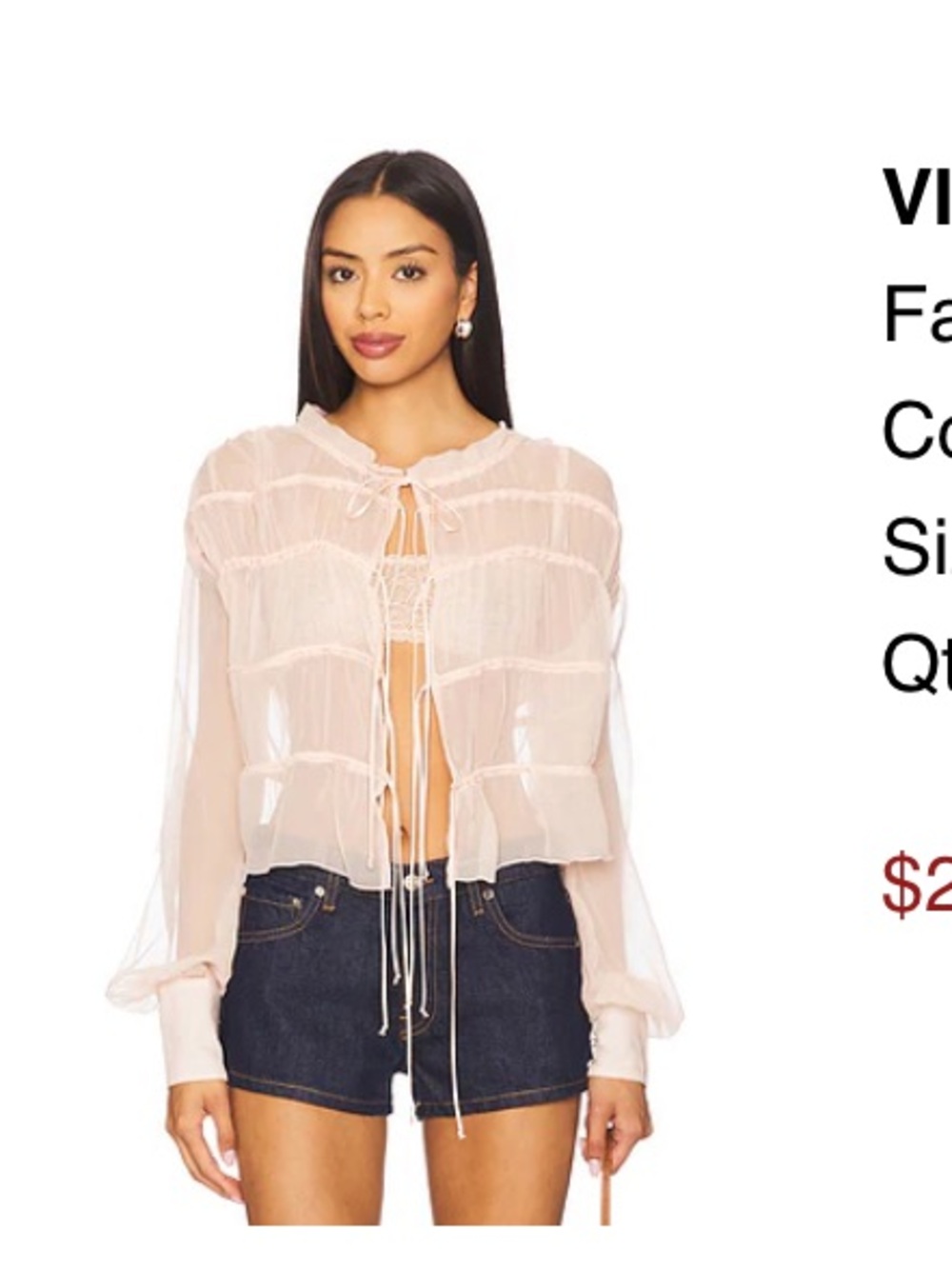 NWT Fait Par Foutch Violeta top Sheer Tie-Front Long-Sleeve Crop Top - Cream